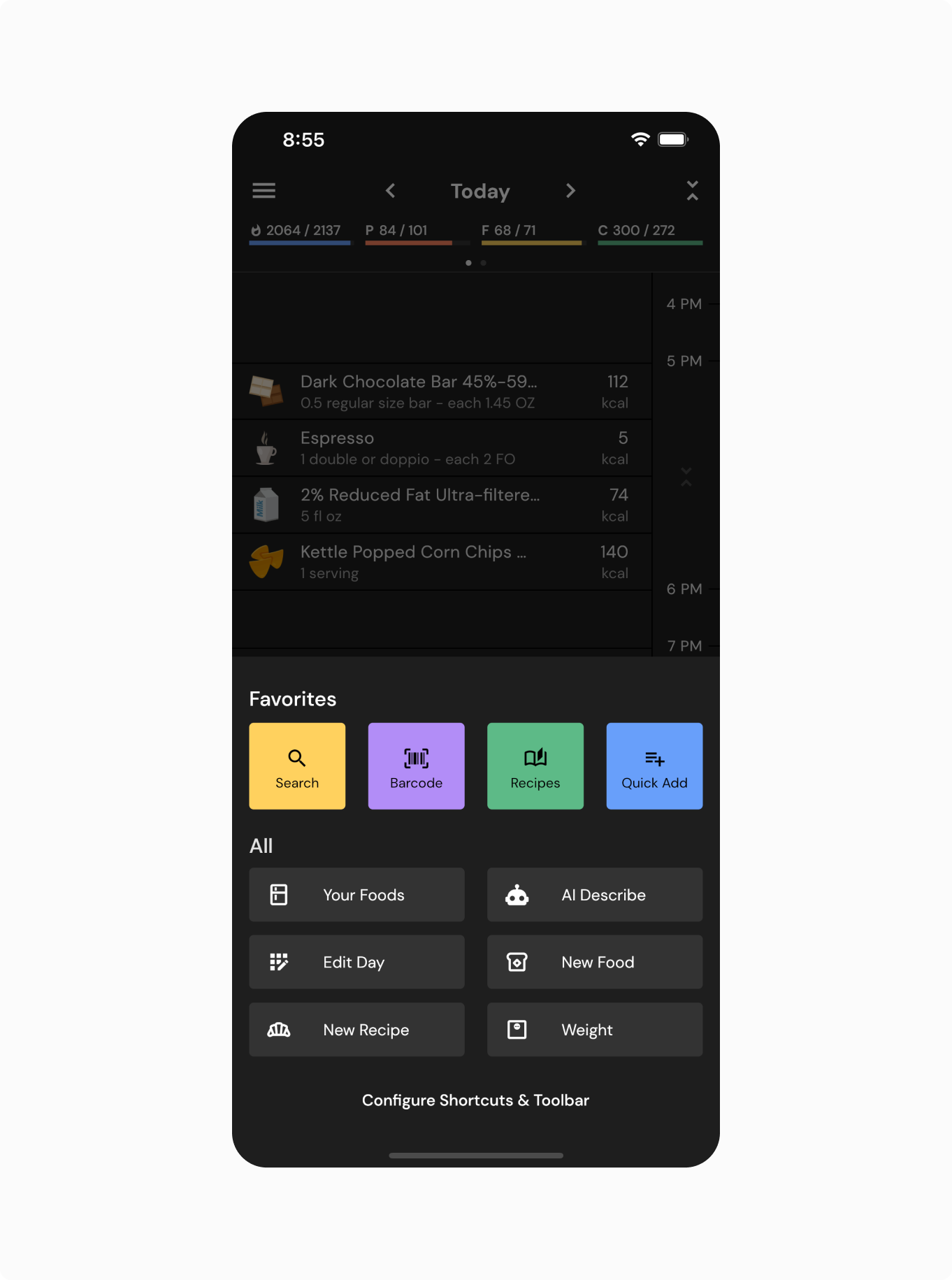 MacroFactor's shortcuts toolbar