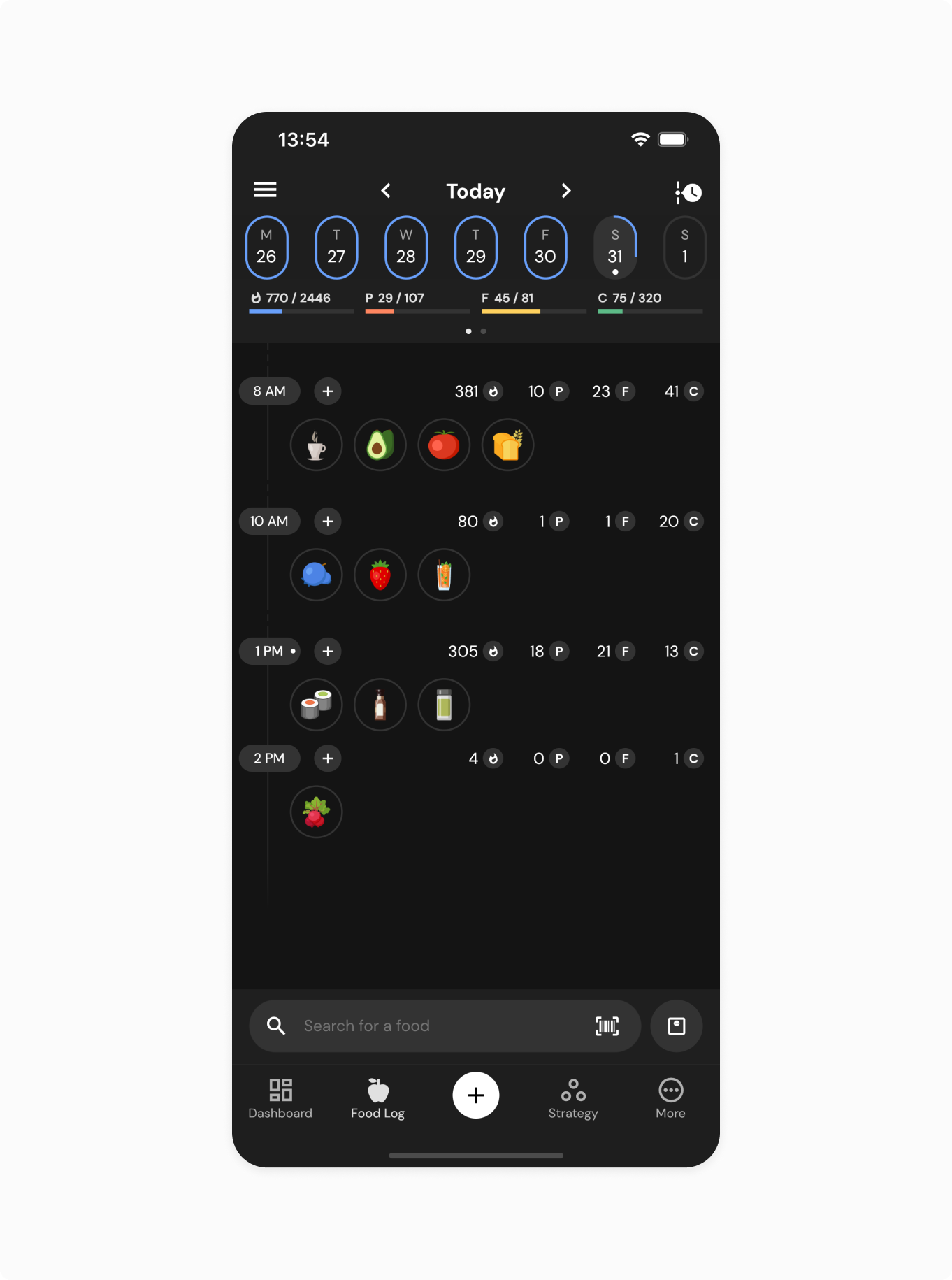 Collapse all foods within an hour to a single row, where each food becomes an interactive icon that can be selected and manipulated just as a food tile can