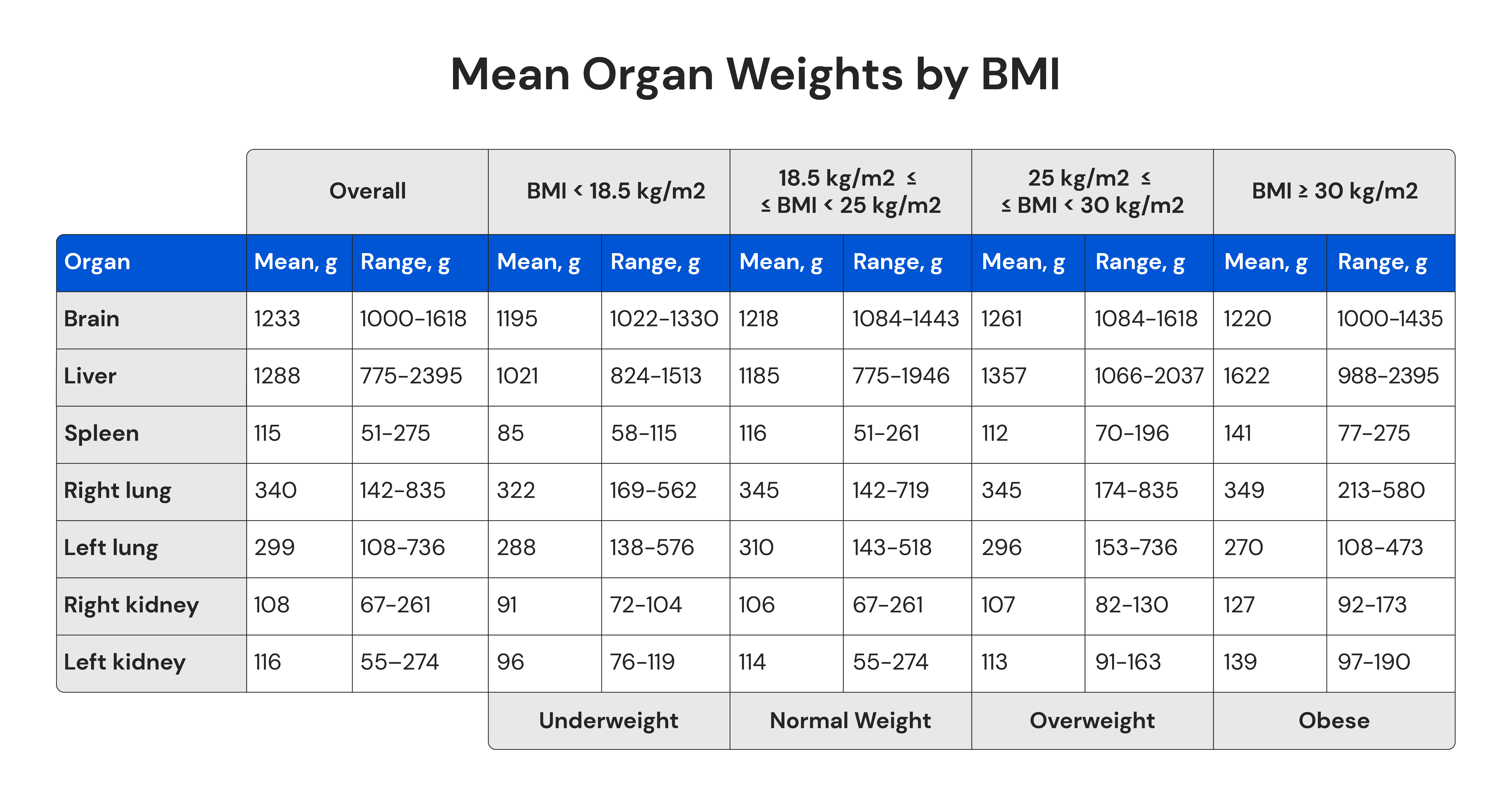 Table showing mean organ weights by BMI in women
