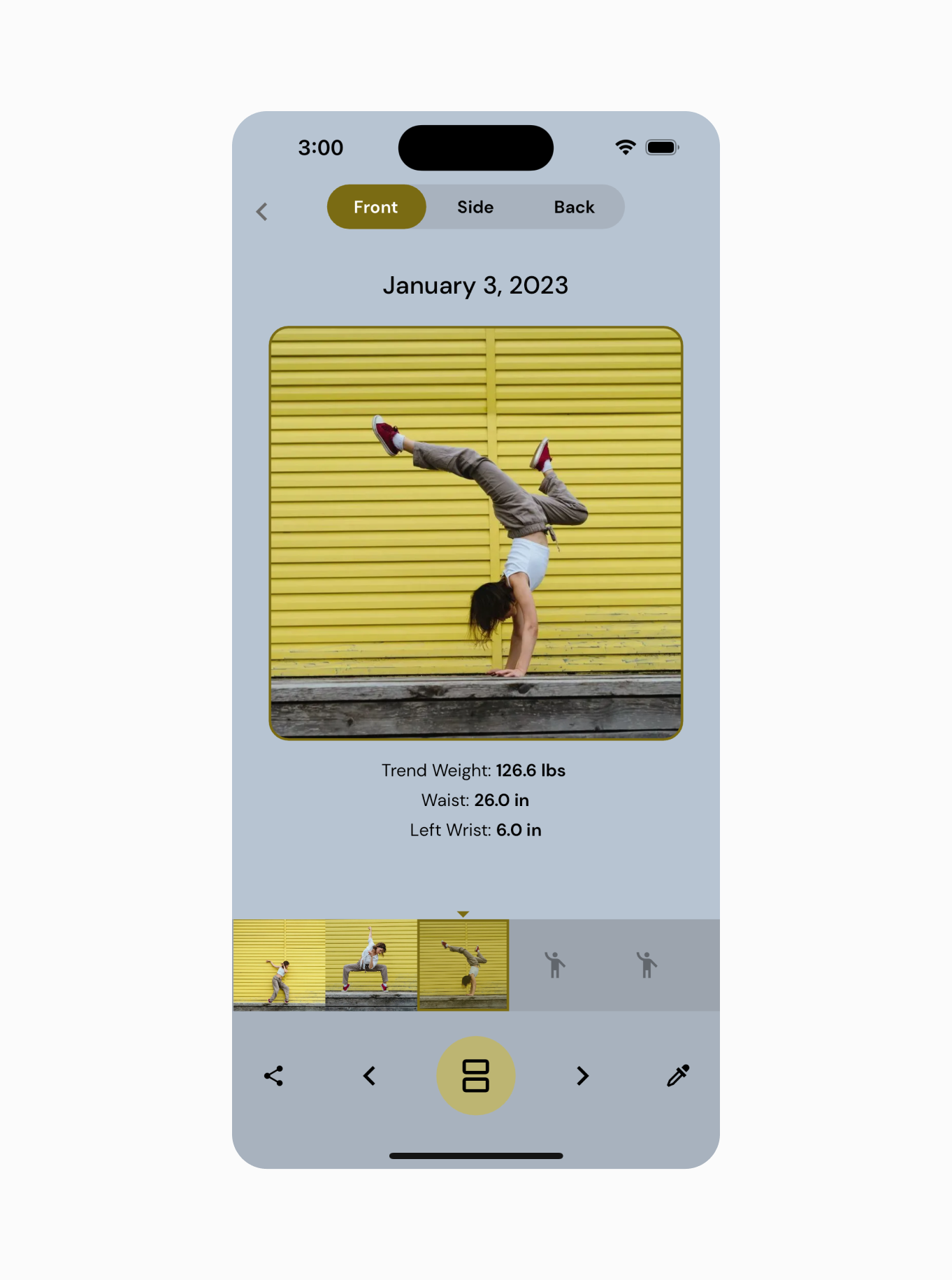 Browse your progress photos in style with a dynamically themed gallery view
