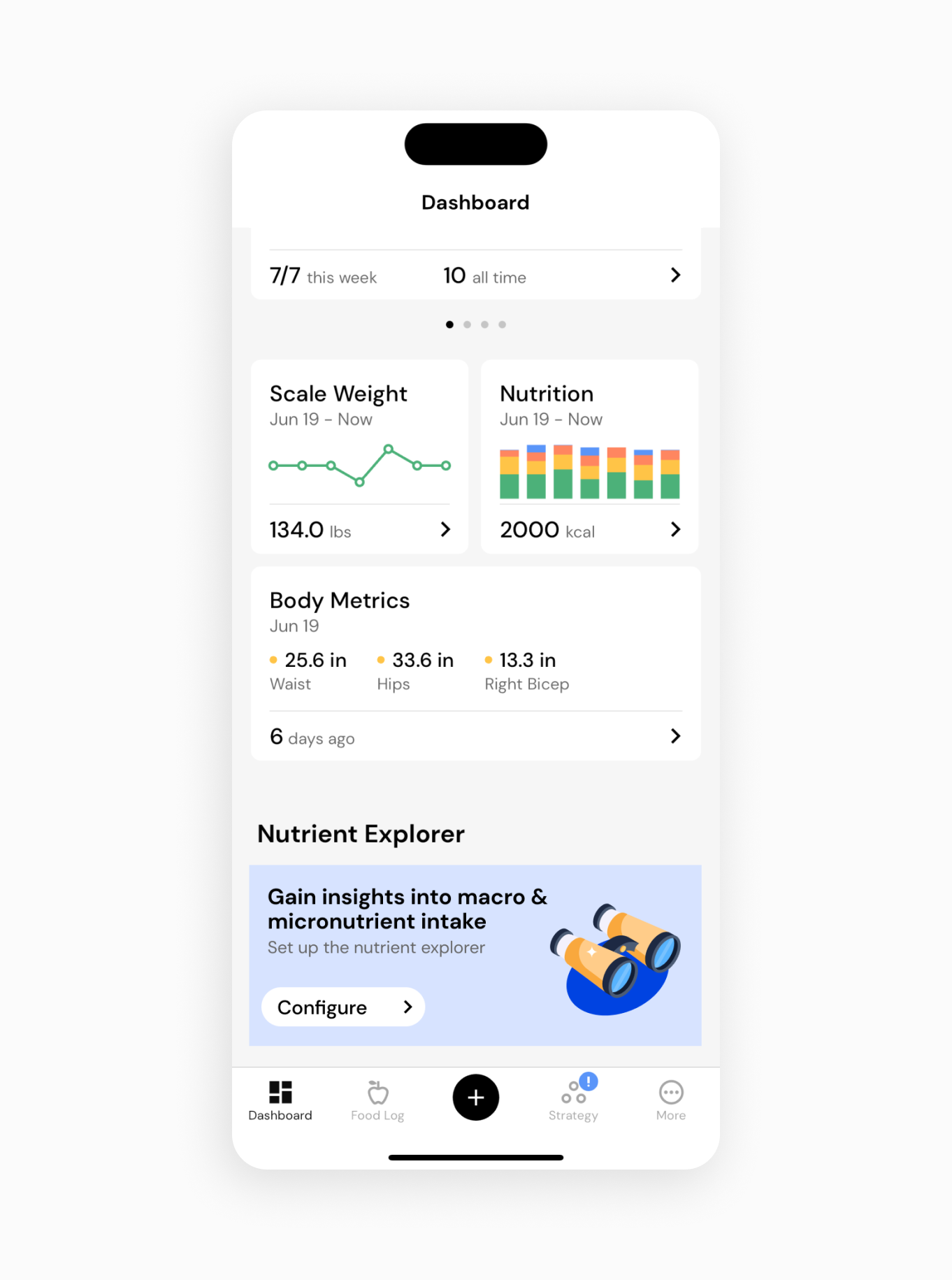 MacroFactor's dashboard displays configuration options for getting started tracking your micronutrients with the Nutrient Explorer