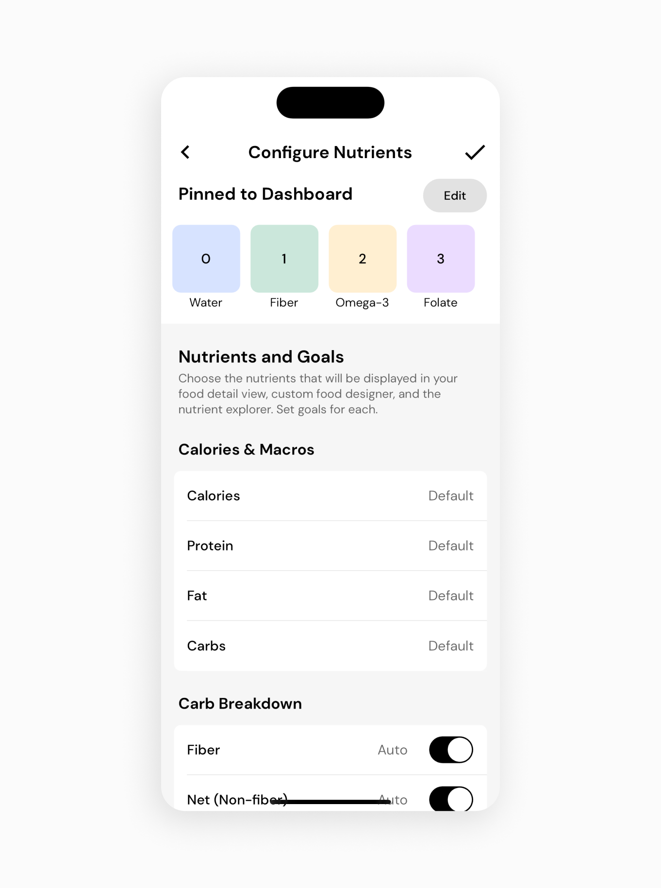Configure nutritions screen in MacroFactor. Fine tune your diet by tracking the micronutrients that are most important to you