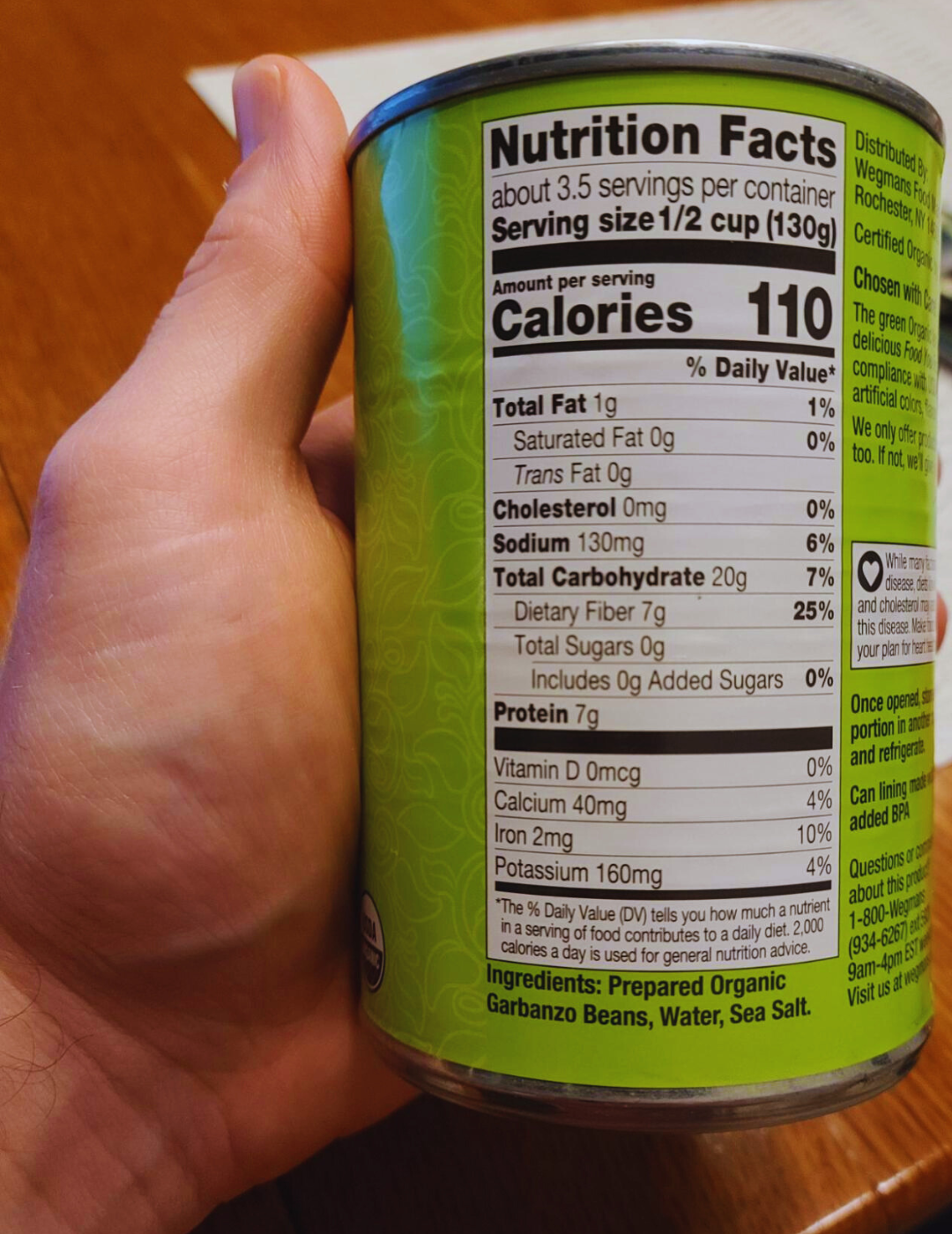 can of chickpeas showing nutrition label