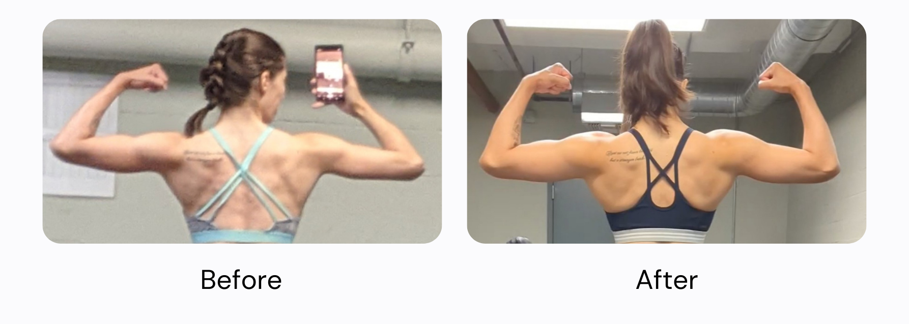 Bárbara Martins' back muscles before and after using MacroFactor to build muscle and gain weight