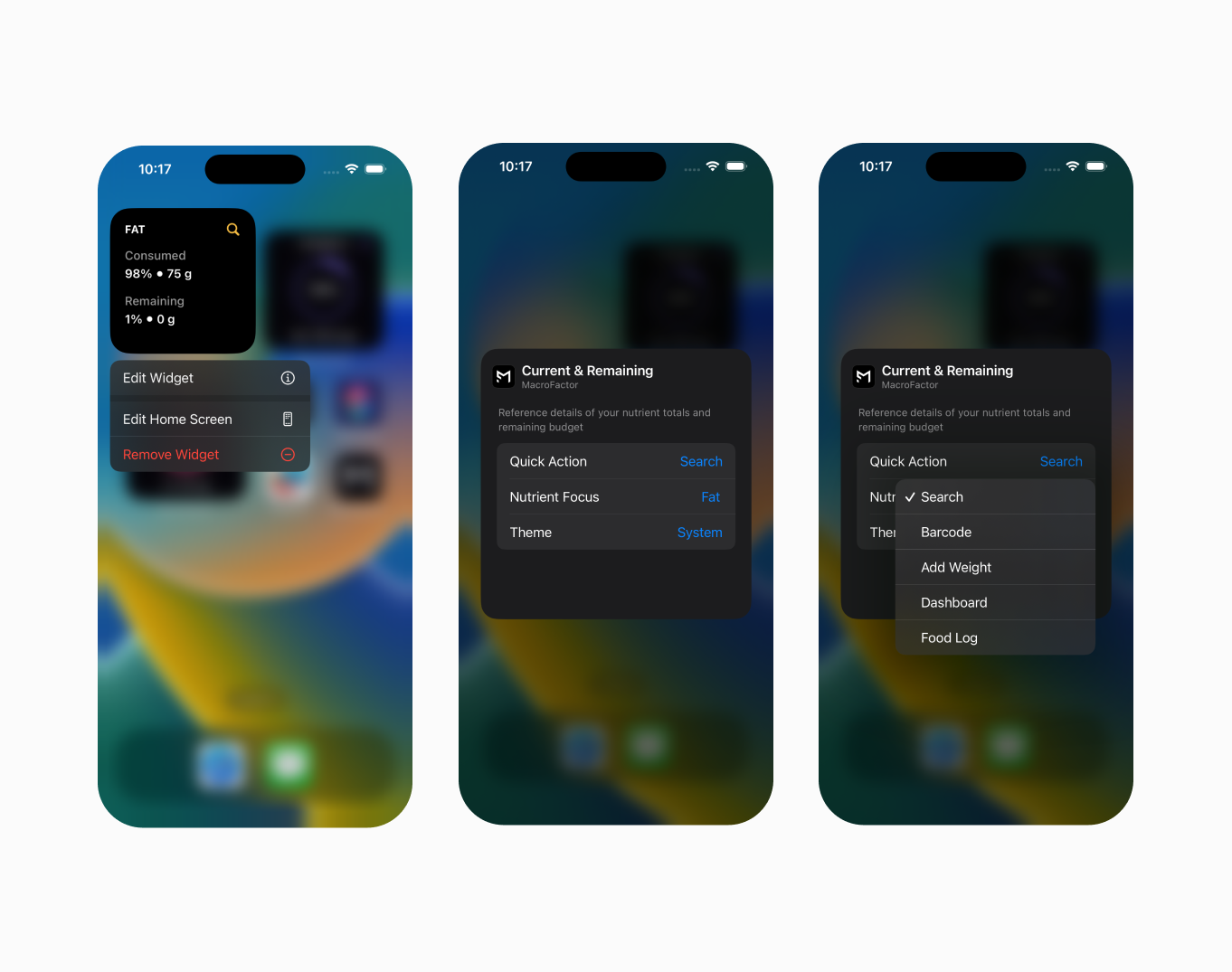 macrofactor's widgets allow configurations