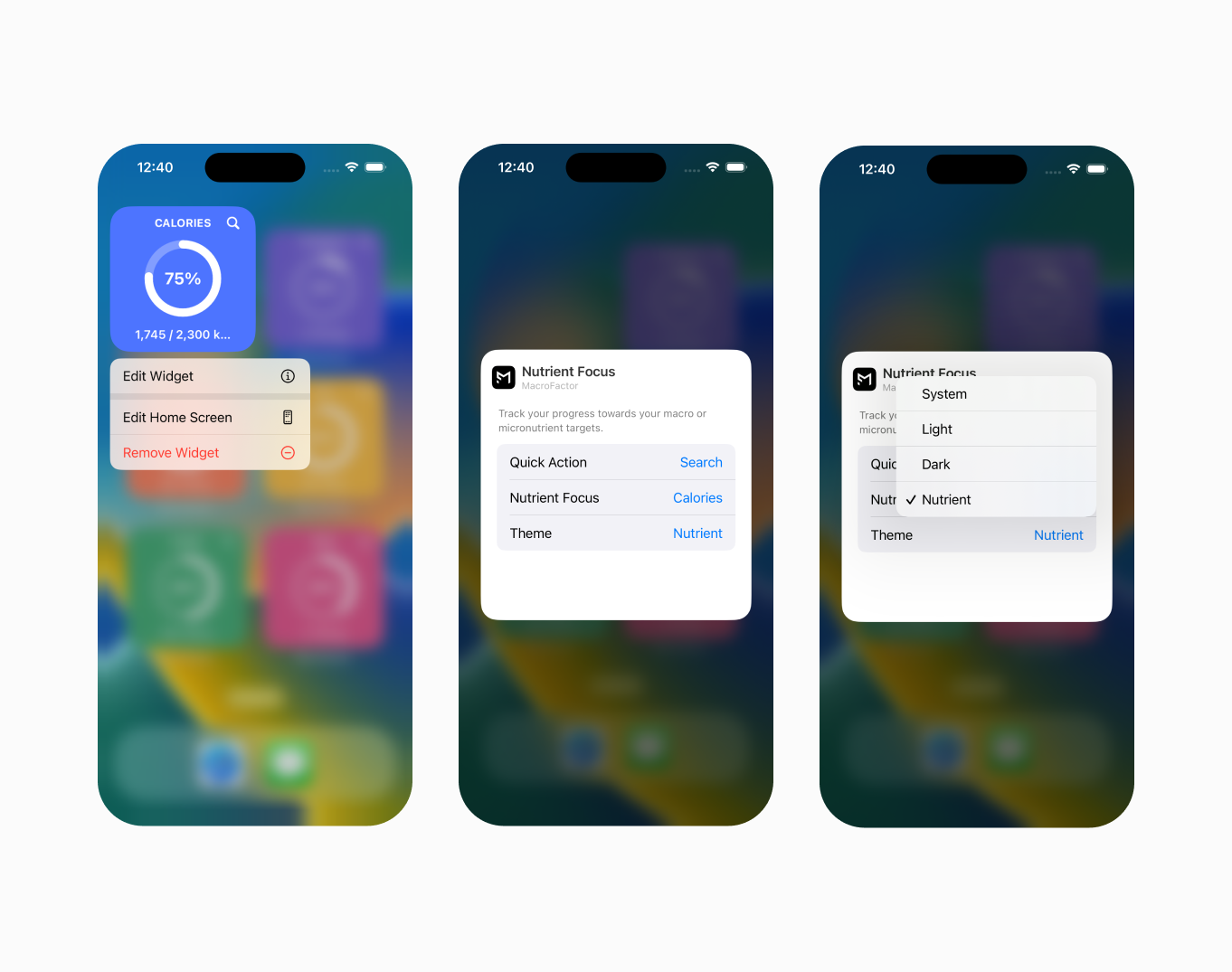 To swap themes on iOS, long press any of MacroFactor’s widgets