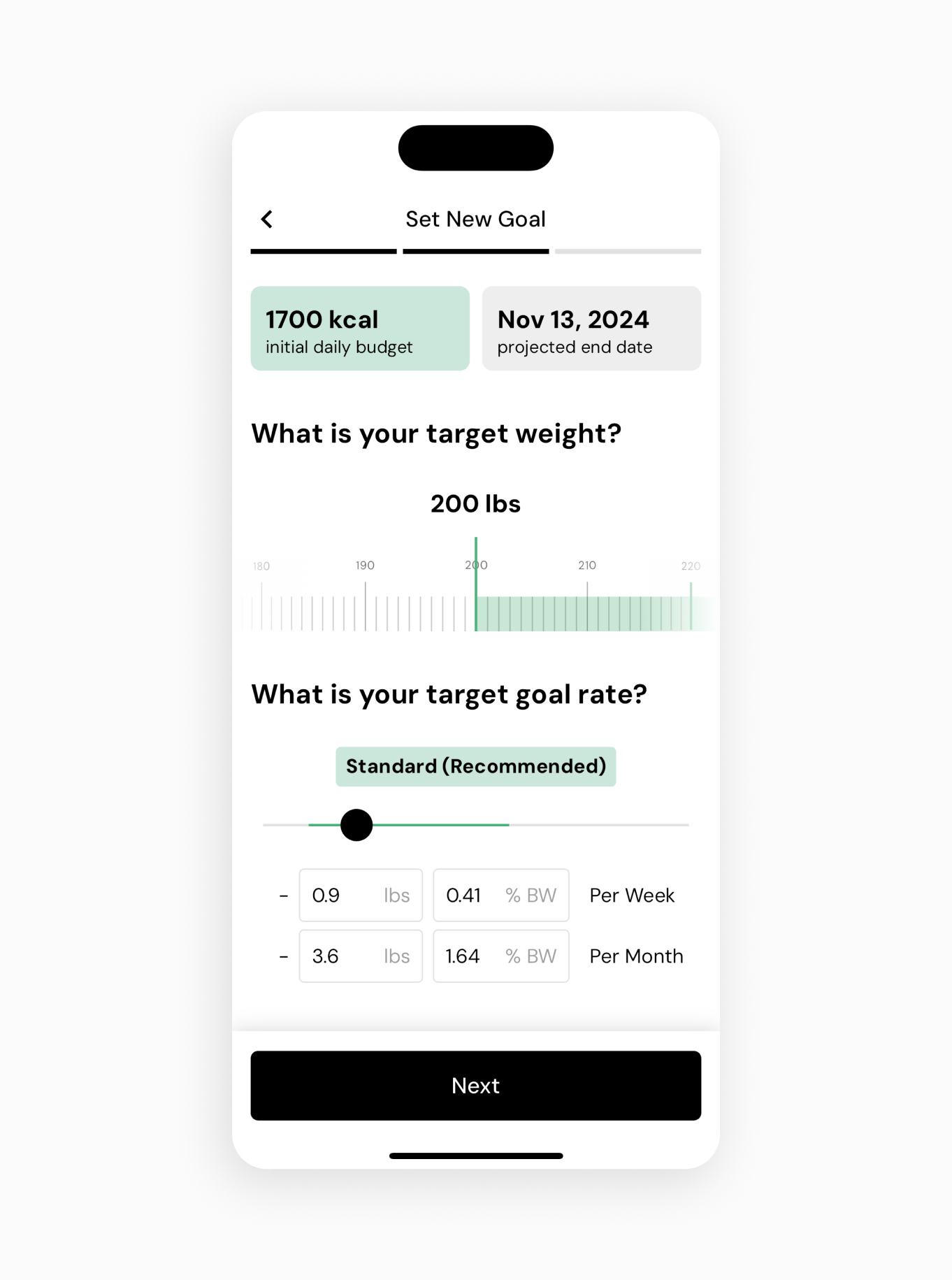 define your target weight and receive an individualized daily calorie budget