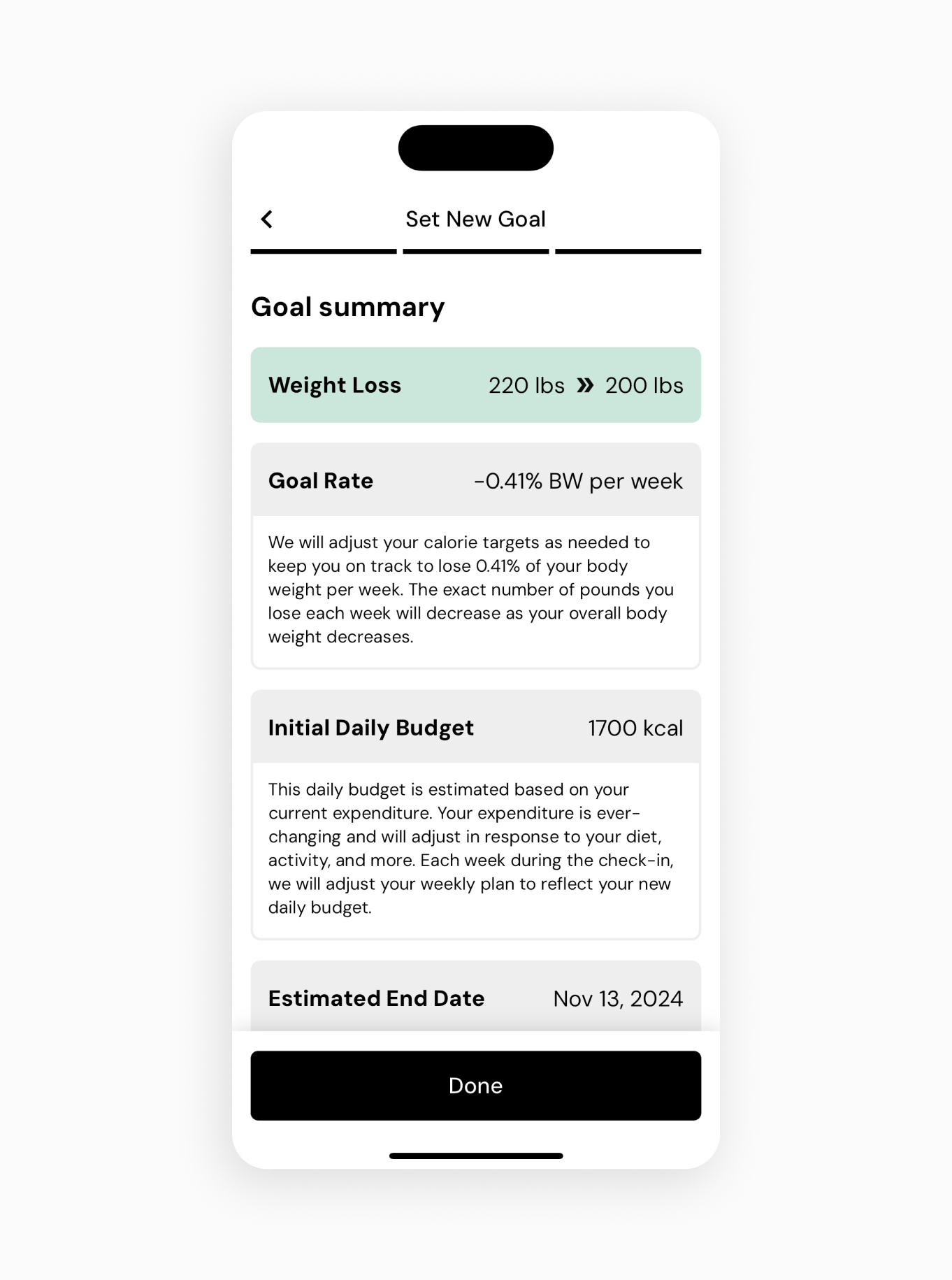 the comprehensive goal summary screen consolidates all your critical information into one easy-to-read overview