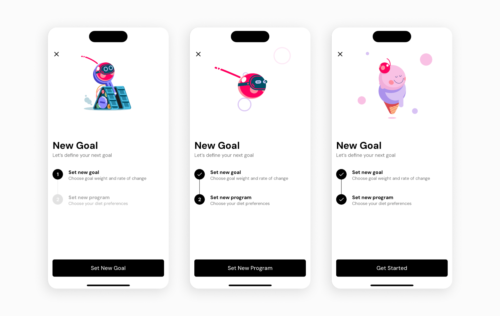 animated characters in MacroFactor's goal-setting navigation