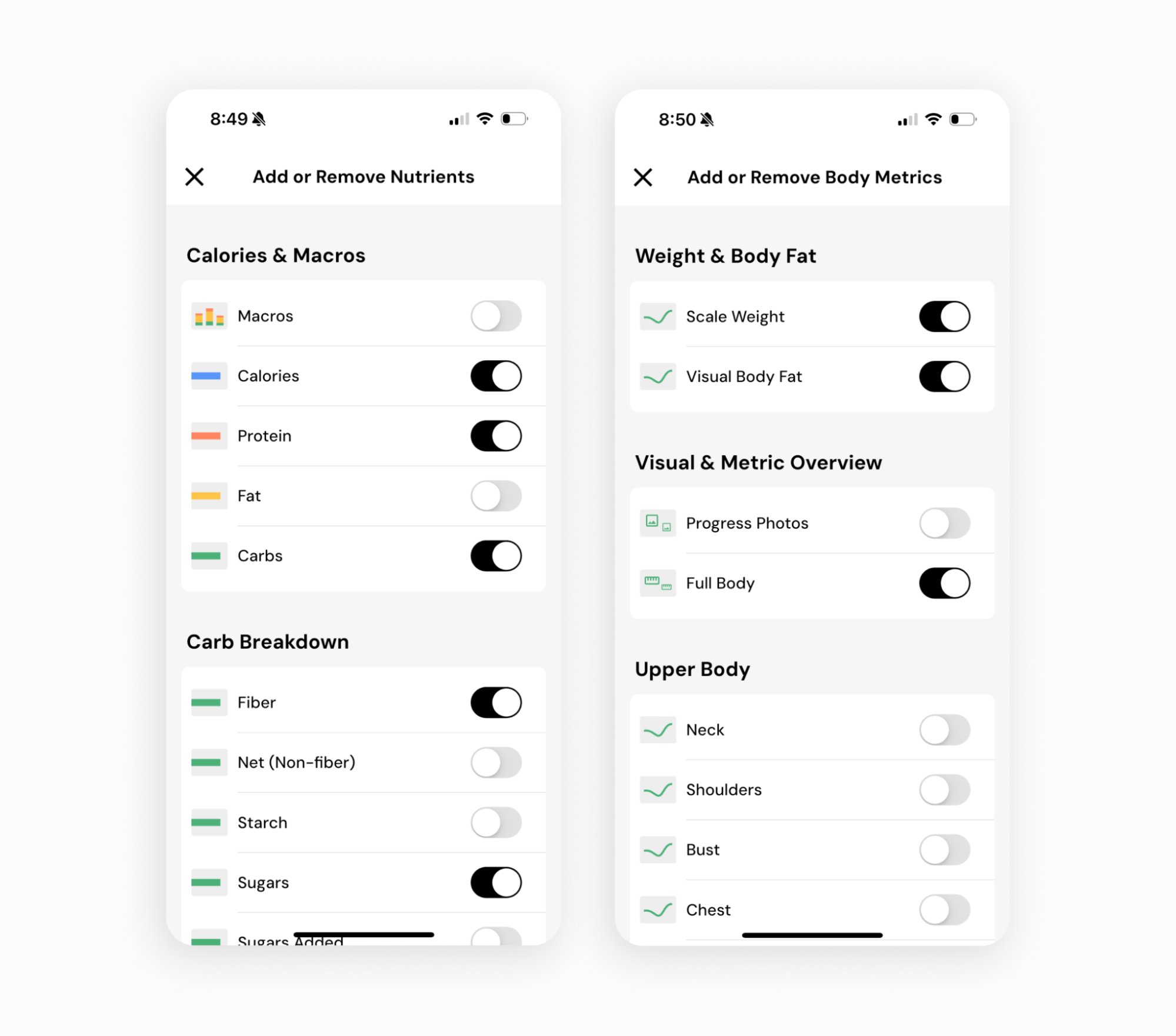 options for displaying and hiding elements of the macrofactor dashboard