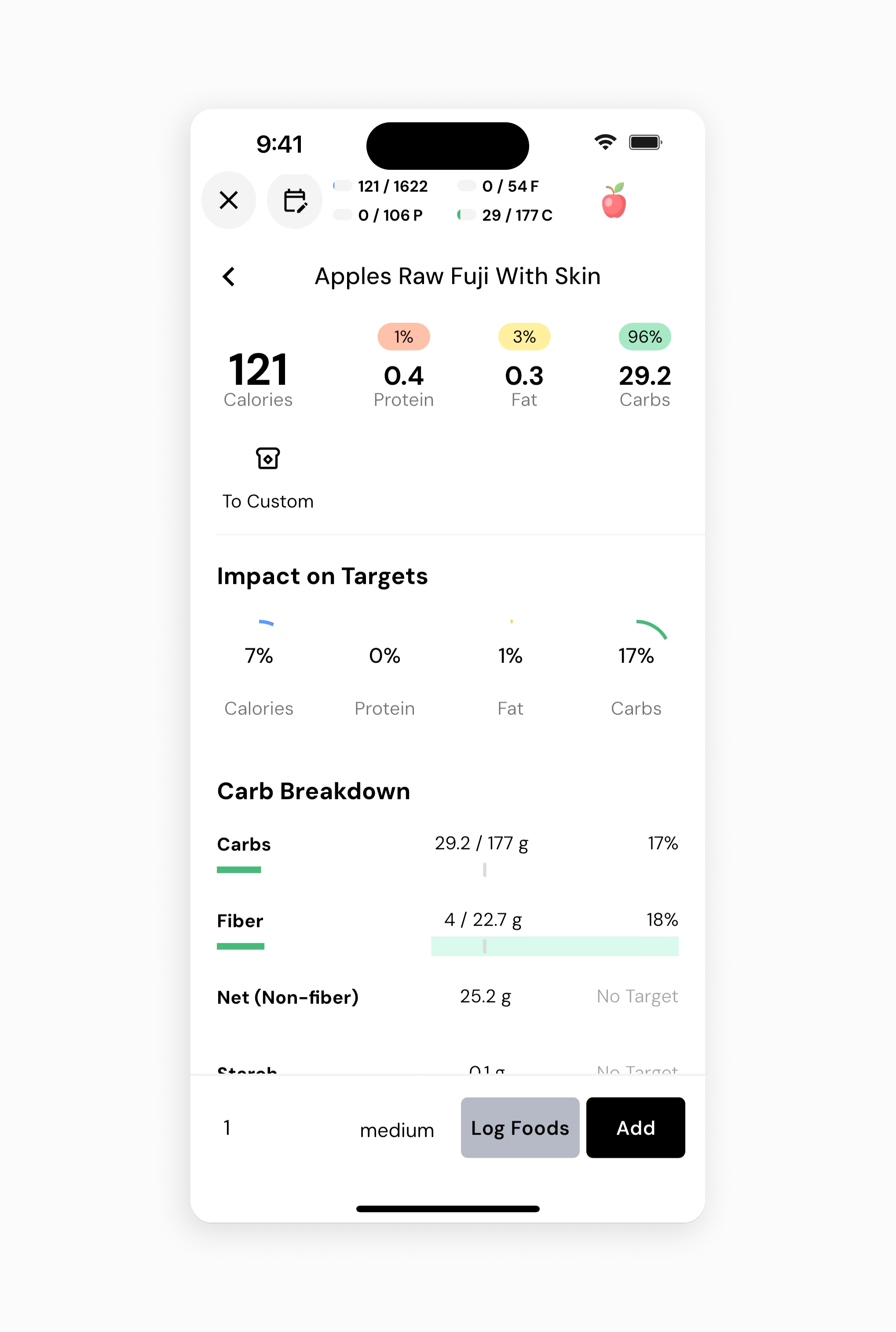 MacroFactor search of Apple, Fuji