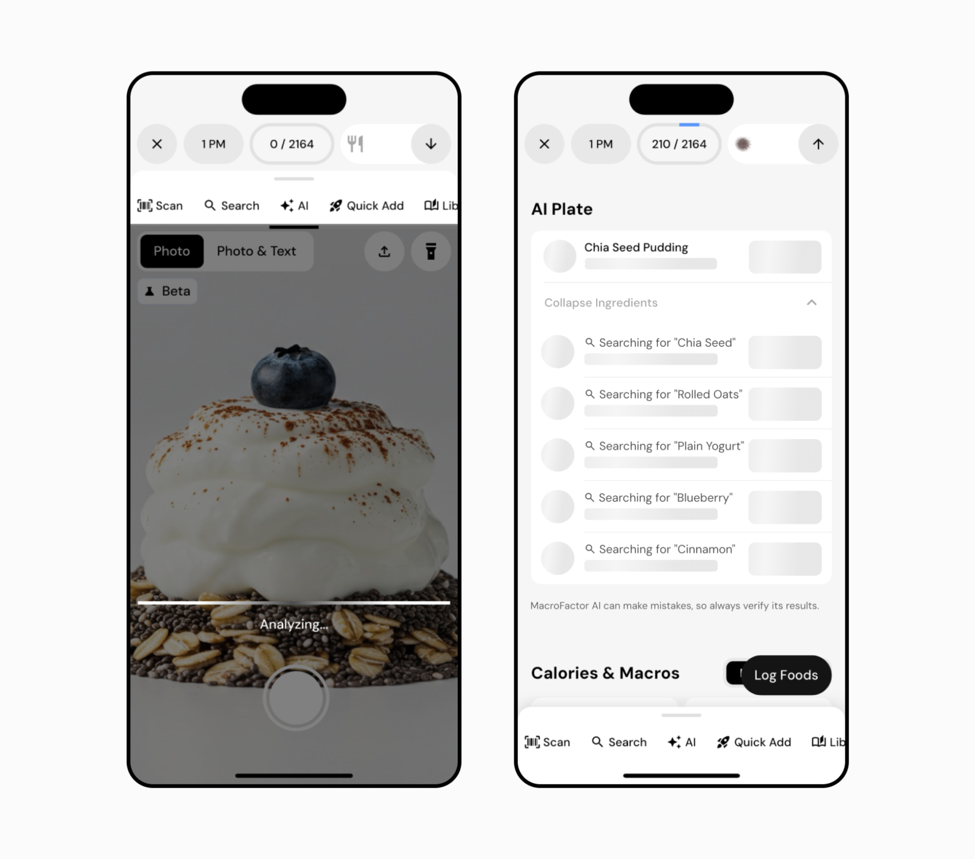 MacroFactor AI will break down your meal into individual ingredients and recipes, querying our database to retrieve real foods.