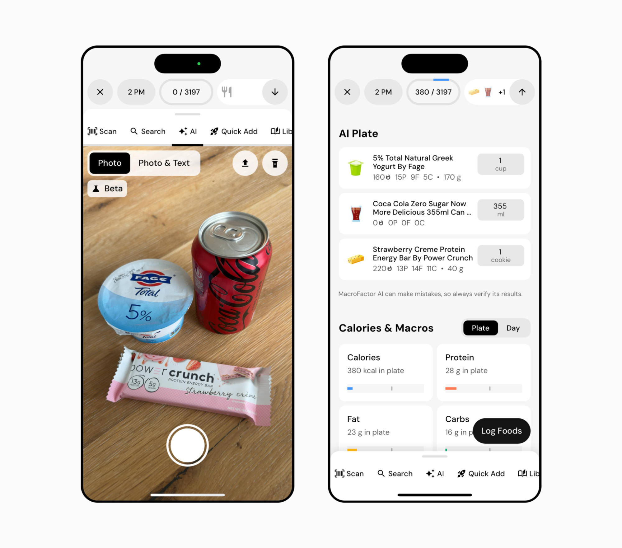 MacroFactor AI can log a plate of branded products with a photo